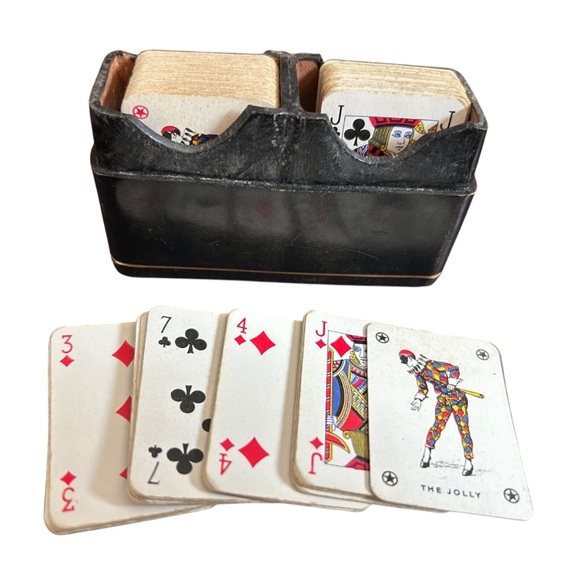 Vintage Wooden Dice & 3” Mini Playing Cards w/ Leather Case Game Set - Picture 3 of 6